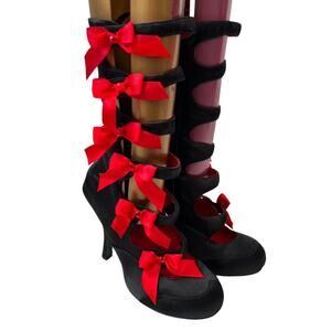 Funtasma Burlesque 129 High Heels Black Satin Red Bows Sz 9 Strappy Pump Cosplay